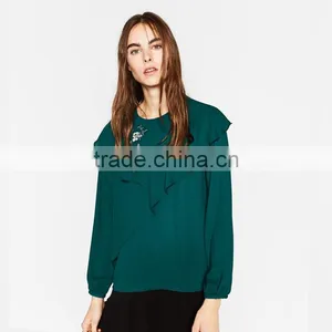 Emboridered Bottle Green Long Sleeve Chiffon Women Loose Shirts thumbnail-3