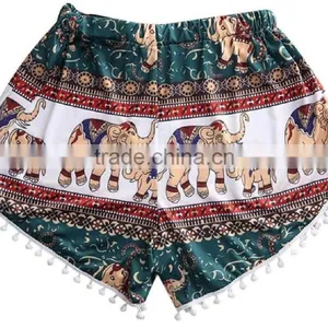 Vintage Bohomian Hippies Gypsy Girls Womens Pom Pom Trimming Shorts Elephant Ethnic Cotton Printed Ladies Viscose Beach Casual thumbnail-2