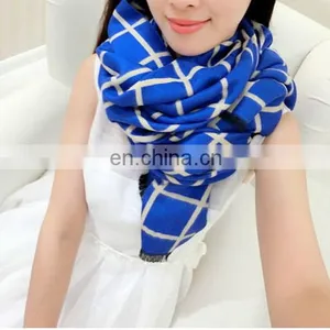 Double Sides Grid Light Blue Yellow Faux Wool Women Fashion Tartan thumbnail-2