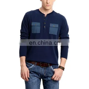 Casual Mens Cotton Dark Blue T-shirts Button Neck Tee Shirts With Chest Pockets Fashion thumbnail-1