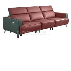 New Italian Style First Layer Cowhide Straight Row Functional Sofa Modern Minimalist Manual Headrest Metal High Leg Leather Sofa thumbnail-5