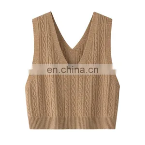 Wholesale 100% Cashmere Knit Women's Tank Top Sexy V-Neck Casual Short Woolen Clothing With Embroidered Logo on Back for Suits thumbnail-4