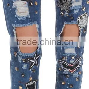 Women New Blu Destroyed Denim Embroidered Jeans Pants Trousers thumbnail-4