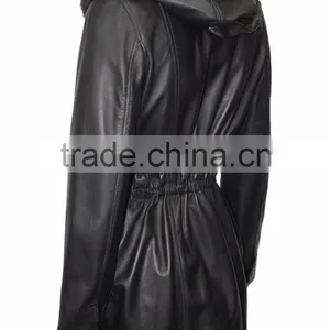 Ladies Black Knee Length Detachable Fur Hooded Soft Nappa Leather Jacket thumbnail-2