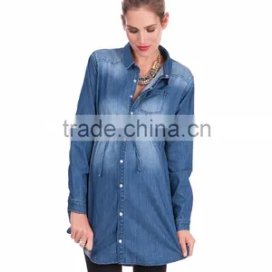 Washed Denim Maternity Support Band Long Shirt Style Dress thumbnail-1