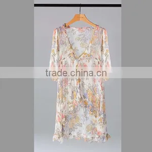 100% Silk Short Sleeves Blouse With Beaded Collar/beach Blouse thumbnail-1