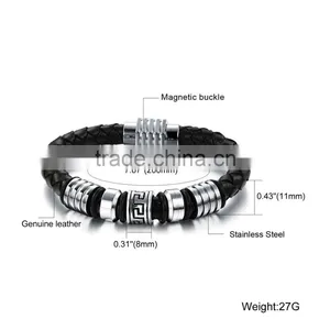 Mens Genuine Leather Bracelet With Magnetic Clasp Stainless Steel Beads thumbnail-5