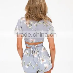 2016 Fashionable Floral Printed Bandage Crop Top And Shorts Sets thumbnail-4