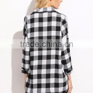 Check Plaid Drop Shoulder Shirt Black and White Cotton Blend Long Sleeve Casual Button Women Shirt thumbnail-4