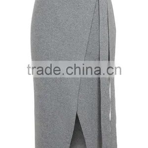 High Quality D-Ring Wrap Skirt Winter Grey Long Skirts Women Slit Office Wear Skirts thumbnail-3