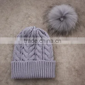 Myfur High Quality Wool Cable Knit Beanie Hat Pom Pom Custom Fur Hats thumbnail-6