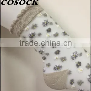 Flower Jacqaurd Women Lovely Ankle High Transparent Nylon Summer Socks thumbnail-2