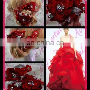 Aidocrystal Red Bridal Wedding Hairpiece,red Flower With Pearl Bridal Hair Flower Accessories, Hair Clip thumbnail-1