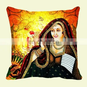 Hot Sale Indian Traditional Royal Ethnic Rajasthani Stayle Rani Digital Print Polyester Pillow Case Sofa Cushion Cover thumbnail-1