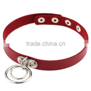 Gothic Punk Style Alloy Double Ring Pendant Snap Fastener PU Leather Choker Collar thumbnail-1