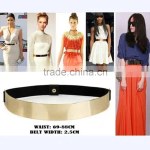 Elastic Mirror Metal Waist Belt Metallic Bling Metal Gold Plate Wide Obi Band thumbnail-1