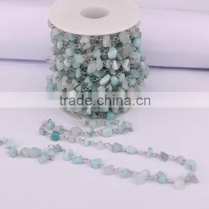 Blue Aquamarine Chip Beads Link Rosary Chains, Brass Silver Plated Wire Wrapped Chain thumbnail-2