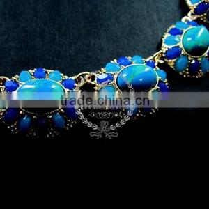 Vintage Blue Stone Arcylic Antiqued Gold Oval Charm Fashion Chic Women Statement Necklace Jewelry 2013 6390016 thumbnail-2