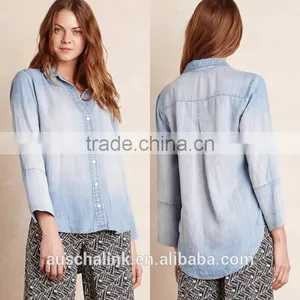 Hot Sale Women Light Blue Denim Chambray Shirt Lowest Price thumbnail-5