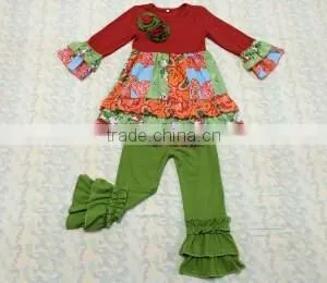 2015 EasterNew Design Fashion Girl Cotton Outfit With Ruffles Kids Boutique Long Sleeve Green Outfit Baby Clothes Set thumbnail-1