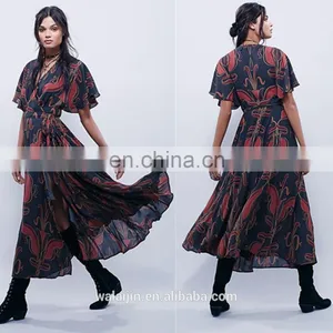 High Quality Deep v Neck Maxi Wrap Dress Lady, Long Print Wrap Dress thumbnail-2