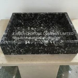 Black Sea Shell Marble Bathroom Vessel Rectangular Sink Black Marble Wash Basin thumbnail-3