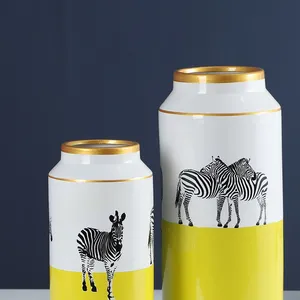 European Simple Style Zebra Painting Cylinder Yellow Ceramic Storage Vases Flower Decoration With Round Lid For Living Room thumbnail-4