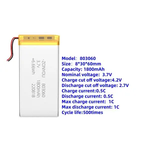 A Grade Lithium Polymer Battery 803060 Pouch Cell 1800mAh for Electronic Navigator Facial Cleansing Device Neck Beauty Device thumbnail-1