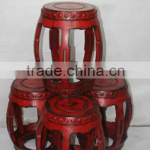 Chinese Antique Red Wooden Drum Stool thumbnail-1