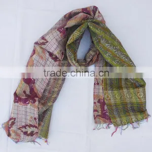 Handmade 100% Raw Silk Scarf From Asia, Light Kantha Stiched Embroidery thumbnail-1