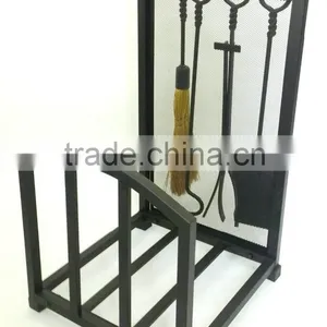 5 Piece Matte Black Hearth Center, Log Rack With Fireplace Tools thumbnail-3