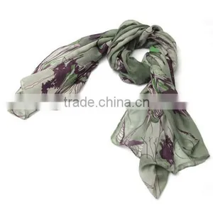 Green Begonia Flower Ink Style Long Cotton Neck Scarf Shawl thumbnail-5