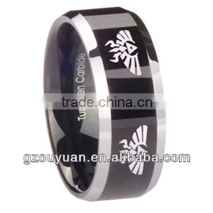Black Tungsten Carbide Ring, Zelda Design Shiny Edges Engraved Ring ( 6MM, 8MM, 10MM ) Size 4 to 16 thumbnail-1