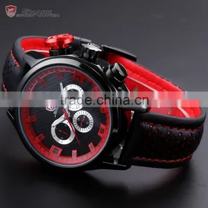 SHARK Date Day Display Stainless Steel Case Genuine Leather Strap Black Red Quartz Men's Sports Watch thumbnail-2
