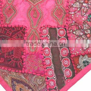 Decorative Floor Pillow - Hot Pink Indian Beaded Large Sari Cushion Cover thumbnail-5