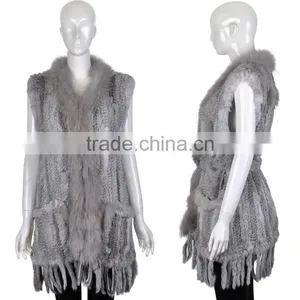 Yanran Fur Factory YR250 Fashion Woman Fur Gilet With Tassels Knit Real Rabbit Raccoon Fur Vest thumbnail-1