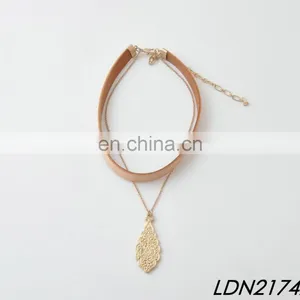 Gold Pendant Chian Necklace Jewelry Brown Suede Leather Choker Necklace Sets thumbnail-2