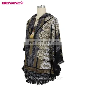 Wholesale Designer Clothing Tribal Mandala Print Poncho Hoodie With Tassel Fringe thumbnail-2