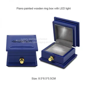 Professional Supplier Custom Small Beautiful Luxury Piano Painted Blue Wooden Wedding Ring Box With LED Light thumbnail-1