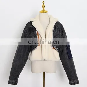Winter 2020 Women New Fashion Thick Warm Denim Coat Tailored Collar Stitching Contrast Color Lamb Wool Loose-fitting Jacket thumbnail-4