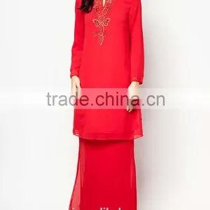 Red 100% Polyester Embroidered Beaded Elegant Women Muslim Dress thumbnail-2