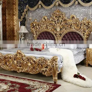 Luxuious Antique Solid Wood Italian Rococo Elegant Gold Color European Style French King Size Bedroom thumbnail-1
