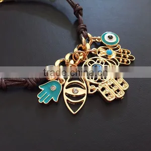 Gold Hamsa Hand Fatima Hand Evil Eye Charms Bracelet Wax Cord Bracelet thumbnail-3