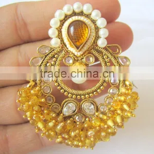 Golden Yellow Beads Polki Gold Tone Dangler EARRING Pair thumbnail-2