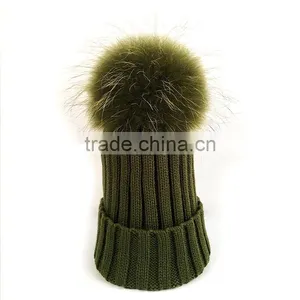 Myfur Classical Raccoon Fur Attached Pom Pom Beanie Adult Khaki Green Winter Cap thumbnail-1