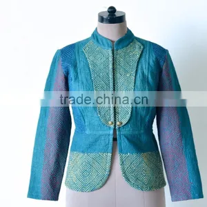 Vintage Kantha Jacket in Viridian Green With Embroidery ~ Extra Large thumbnail-2