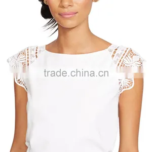 Stylish Lace Sleeves Cotton Top for Ladies Ballet Neckline White OEM T Shirt Women thumbnail-2