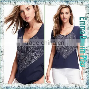 2016 New Designs Wide Open Neck Blue Printing Cotton T Shirts for Sexy Womens thumbnail-4