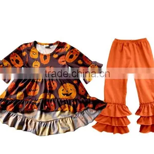 Wholesale Girls Boutique Outfits Halloween Clothes Baby Girl 2Pcs Set Children Flutter Pumpkin Appliqued Baby Clothes thumbnail-1