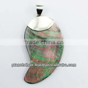 925 Sterling Silver Paisley Shaped Green Shell Pendant thumbnail-1